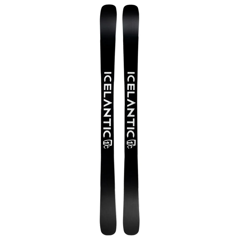 Two black Tempest 88 skis from Icelantic Skis are placed side by side, each featuring the word “ICELANTIC” and a small white logo printed vertically. The skis have rounded tops and bottoms, and the background is white.