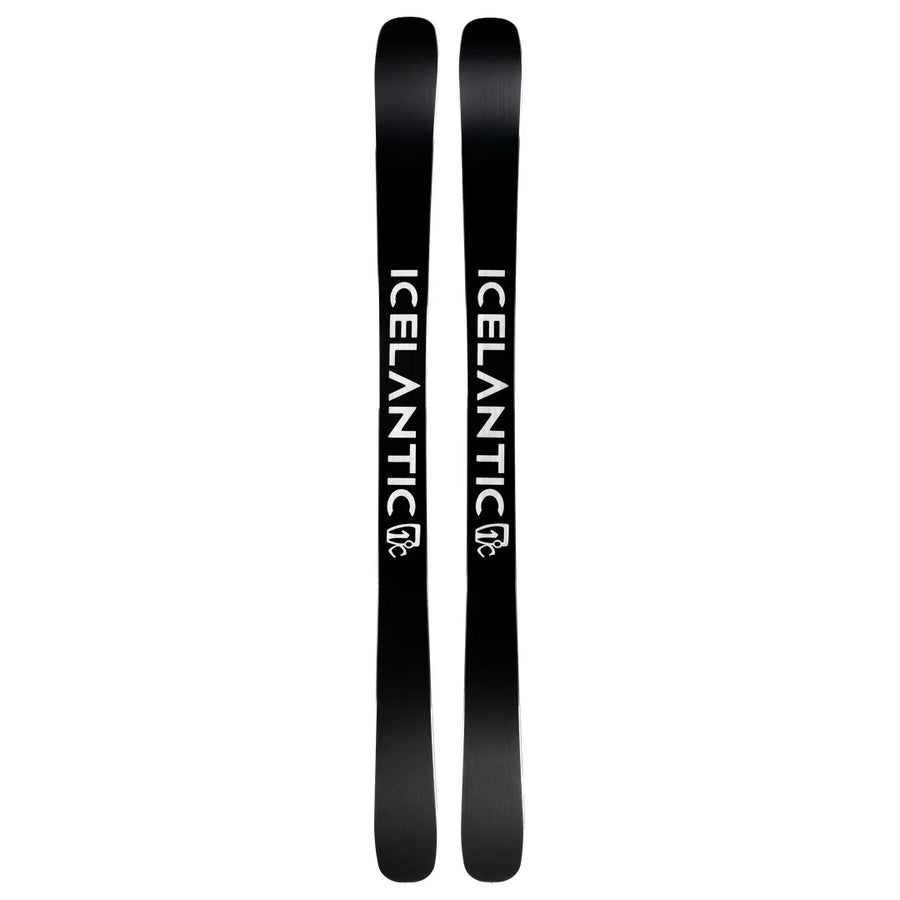 Two black Tempest 88 skis from Icelantic Skis are placed side by side, each featuring the word “ICELANTIC” and a small white logo printed vertically. The skis have rounded tops and bottoms, and the background is white.