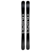A pair of black Icelantic Skis Tempest 94, each featuring the word “ICELANTIC” in bold white letters and a white logo beneath the text, are placed side by side with their tips pointing upward.