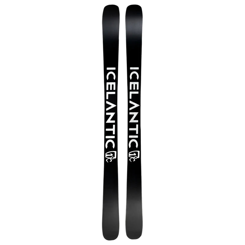 A pair of black Icelantic Skis Tempest 94, each featuring the word “ICELANTIC” in bold white letters and a white logo beneath the text, are placed side by side with their tips pointing upward.