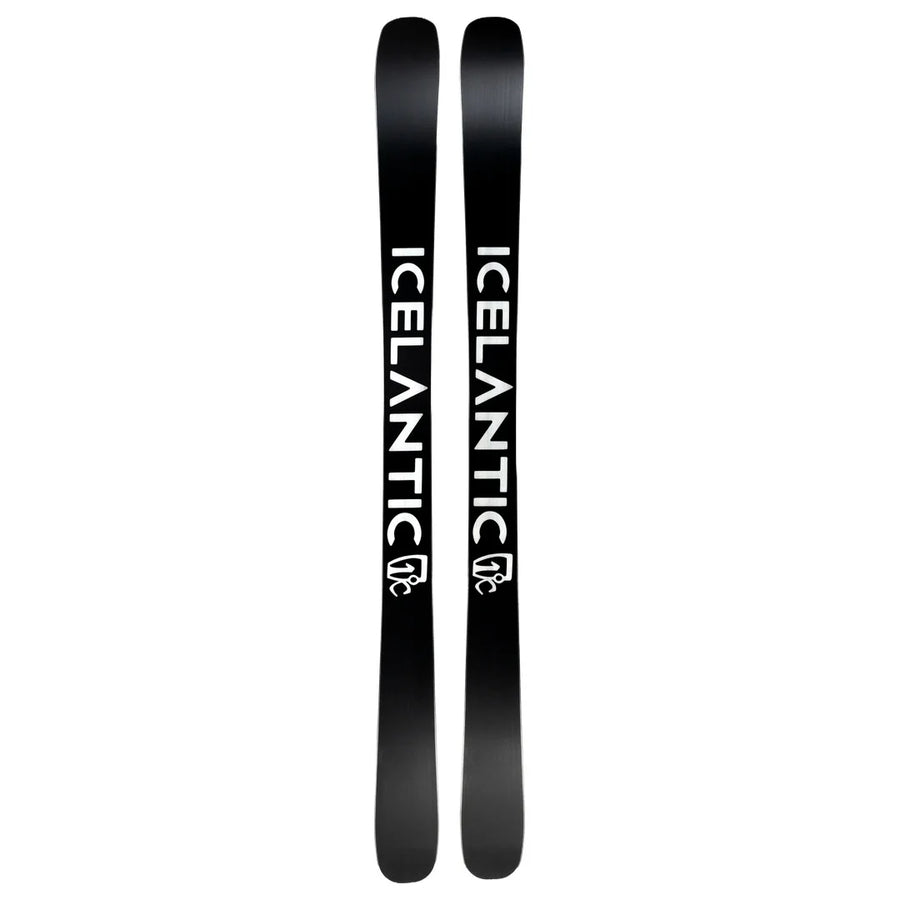 A pair of black Icelantic Skis Tempest 94, each featuring the word “ICELANTIC” in bold white letters and a white logo beneath the text, are placed side by side with their tips pointing upward.