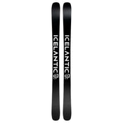 A pair of Icelantic Skis Torrent 102, featuring a black base with the white word “ICELANTIC” and its logo printed vertically along each ski. The skis are displayed side by side, highlighting their bases.