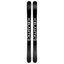 A pair of Icelantic Skis Torrent 102, featuring a black base with the white word “ICELANTIC” and its logo printed vertically along each ski. The skis are displayed side by side, highlighting their bases.