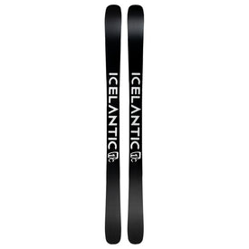 A pair of black Icelantic Skis Torrent 96 Proto skis, each featuring the word “ICELANTIC” and the brand logo printed in white, displayed side by side with the tips facing up.