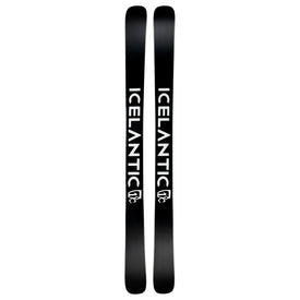 A pair of black Icelantic Skis Nomad 100 Whiteout, each featuring the word “ICELANTIC” in bold, white, vertical letters and a small logo near the bottom.