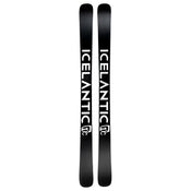 A pair of Icelantic Skis Nomad 106 Whiteout, featuring a black design with bold white “ICELANTIC” lettering and a white logo near the tips, displayed side by side on a white background.