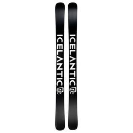 A pair of Icelantic Skis Nomad 106 Whiteout, featuring a black design with bold white “ICELANTIC” lettering and a white logo near the tips, displayed side by side on a white background.