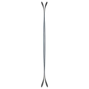 The Icelantic Skis Maiden 102 is a symmetrical black ski with curved ends and a thin middle, its shape resembling two stylized spoons joined at the handles and forming a mirrored silhouette against a white background.