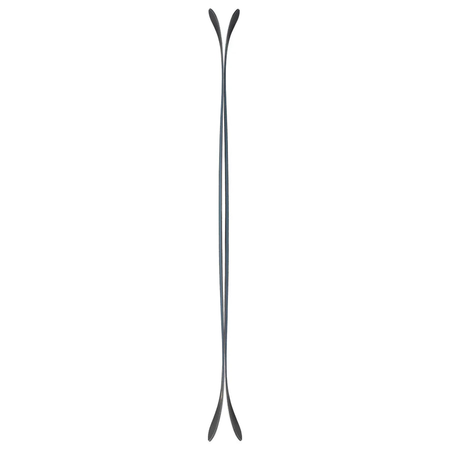 The Icelantic Skis Maiden 102 is a symmetrical black ski with curved ends and a thin middle, its shape resembling two stylized spoons joined at the handles and forming a mirrored silhouette against a white background.