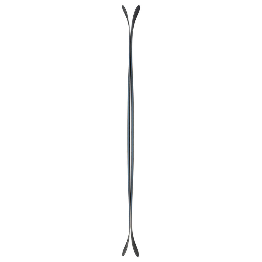 A symmetrical, vertical image of the Icelantic Skis Nomad 94 seen from the side, displaying its camber profile with both ends curving upward and a thin waist in the middle against a white background.