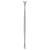 A pair of Icelantic Skis Torrent 102 crossed and viewed from the side, displaying their narrow waist with wider tips and tails, as well as the distinctive upward curve of both the ski tips and tails.
