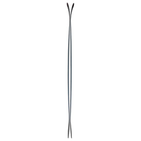 A pair of Icelantic Skis Torrent 102 crossed and viewed from the side, displaying their narrow waist with wider tips and tails, as well as the distinctive upward curve of both the ski tips and tails.