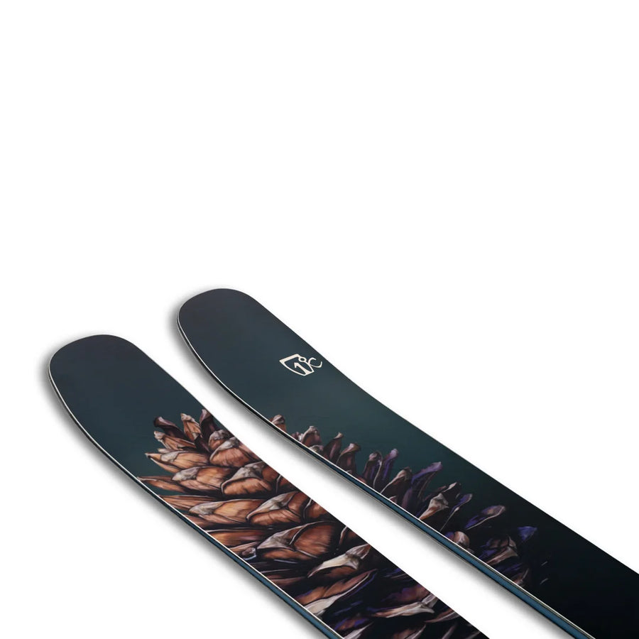 A pair of Icelantic Skis Torrent 102 skis featuring a detailed image of pinecones on a dark background near the tips, with the RC logo visible on one ski, photographed against a white background.