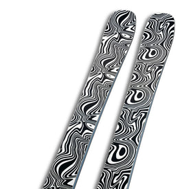 Two Icelantic Skis Torrent 96 Proto skis with a black and white optical illusion pattern featuring wavy, swirling lines on their tops, set against a white background.