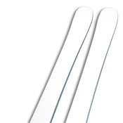 A close-up of the top halves of two Icelantic Skis Nomad 100 Whiteout skis set against a white background, highlighting their slightly curved tips and clean design.