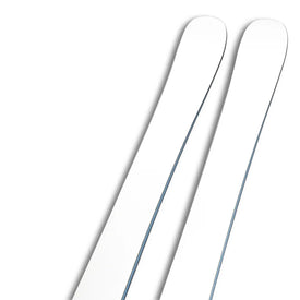 A close-up of the top halves of two Icelantic Skis Nomad 100 Whiteout skis set against a white background, highlighting their slightly curved tips and clean design.