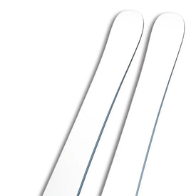A pair of Icelantic Skis Nomad 106 Whiteout skis, displayed side by side on a white background and viewed from above, showcasing only the tips.