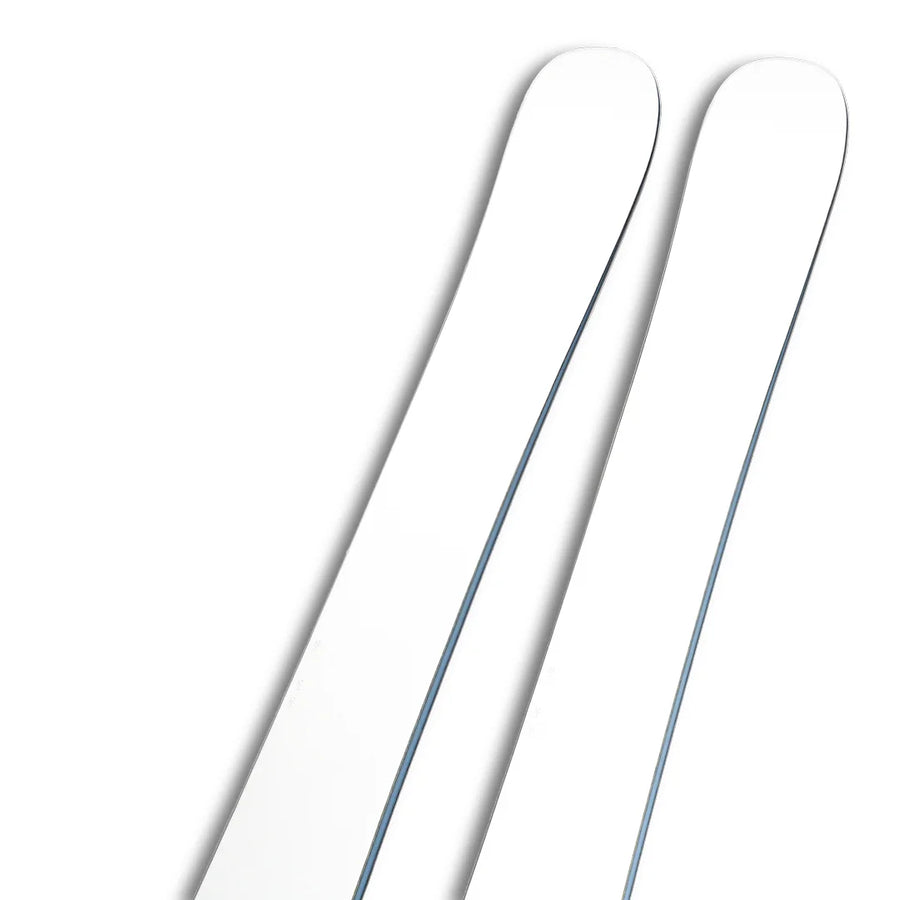 A pair of Icelantic Skis Nomad 106 Whiteout skis, displayed side by side on a white background and viewed from above, showcasing only the tips.