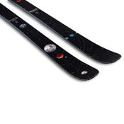 The Icelantic Skis Nomad 94 is a pair of black skis adorned with a space-themed design featuring planets, the moon, and stars scattered along the top surface.