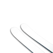 The Icelantic Skis Nomad 100 Whiteout, featuring two white skis with rounded tips, are positioned side by side on a white background and are partially visible from the top right corner.