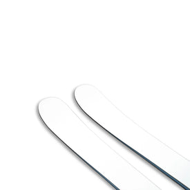 The Icelantic Skis Nomad 100 Whiteout, featuring two white skis with rounded tips, are positioned side by side on a white background and are partially visible from the top right corner.