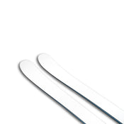 Two white Nomad 94 Whiteout skis by Icelantic Skis are angled diagonally on a white background. The skis have a clean, minimalist design with thin blue edges visible along the sides and feature rounded tips.