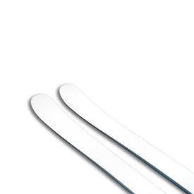 Two white Nomad 94 Whiteout skis by Icelantic Skis are angled diagonally on a white background. The skis have a clean, minimalist design with thin blue edges visible along the sides and feature rounded tips.