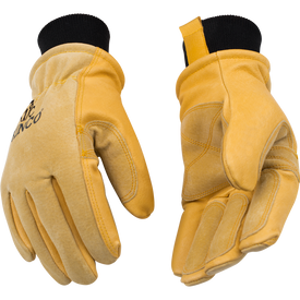 Two Icelantic Kinco Lined Gloves for women in yellow pigskin with black wrist cuffs are displayed on a plain white background, one showing the palm side and the other the back.