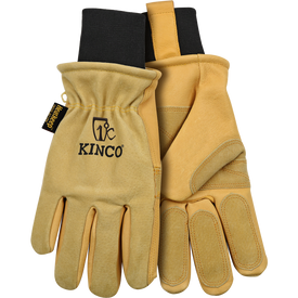 A pair of tan Kinco Lined Gloves (Womens) by Icelantic features black cuffs, with one glove displaying the KINCO logo and the other showcasing reinforced suede patches on the palm, thumb, and fingers. These thermal insulated gloves are designed to keep your hands warm and protected during tough jobs.