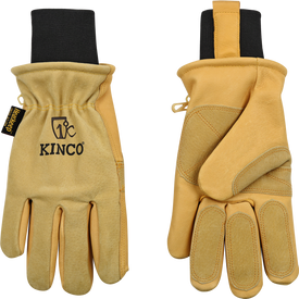 Two tan leather pigskin Icelantic Kinco Lined Gloves for women, one palm up and one palm down, featuring black fabric cuffs and a yellow HeatKeep tag. The gloves are designed with reinforced stitching for durability, thermal insulation for warmth, and display the Kinco logo on the back of one glove.