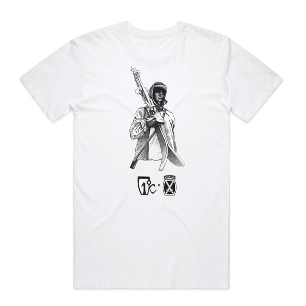 Introducing the 10th Mtn Tee by Icelantic: a white t-shirt showcasing a black and white illustration of a person in a hooded jacket holding a large sword, accompanied by two abstract symbols and the word “Tie” beneath the graphic. Made from ultra-soft, eco-friendly cotton, this tee combines everyday comfort with sustainable style.