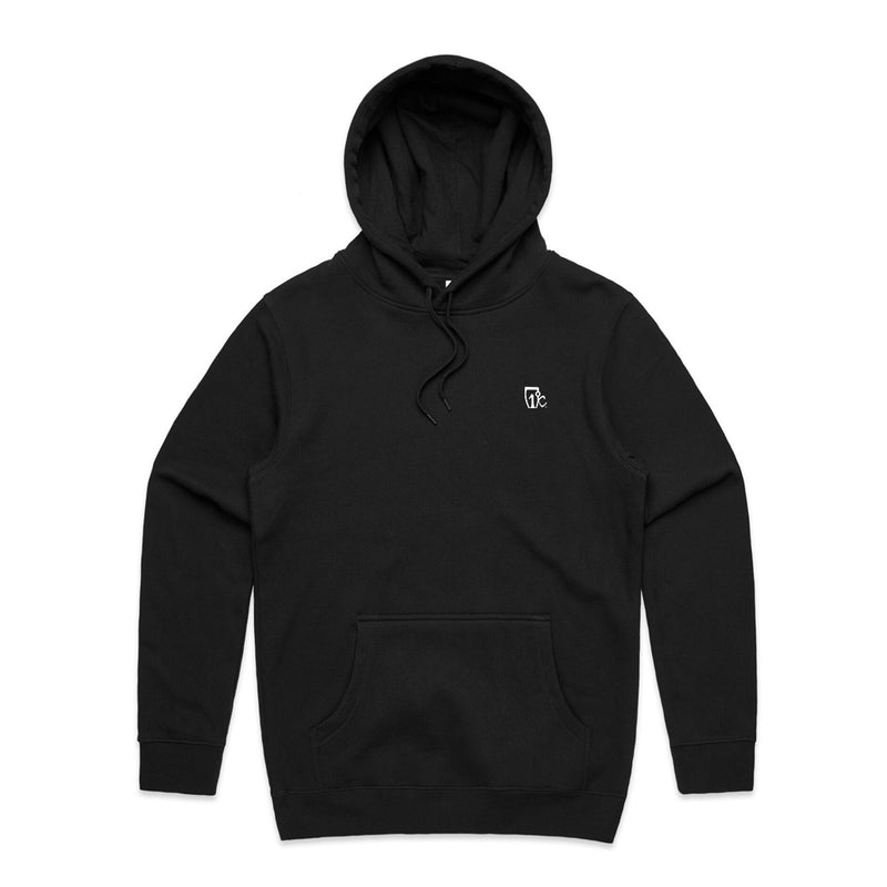 The Embroidered One Degree Hoodie - Black by Icelantic is a unisex pullover hoodie with a front pocket and drawstring hood, featuring a small white embroidered logo on the left chest. It is shown laid flat on a white background.