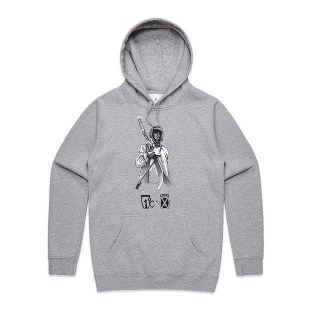 The 10th Mtn Hoodie by Icelantic Skis is a gray unisex organic cotton hoodie featuring a striking black and white graphic of a person with an afro holding a raised guitar, complemented by two abstract symbols below the image. This hoodie blends sustainable materials with everyday style.