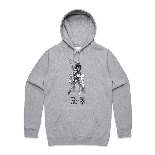 The 10th Mtn Hoodie by Icelantic Skis is a gray unisex organic cotton hoodie featuring a striking black and white graphic of a person with an afro holding a raised guitar, complemented by two abstract symbols below the image. This hoodie blends sustainable materials with everyday style.