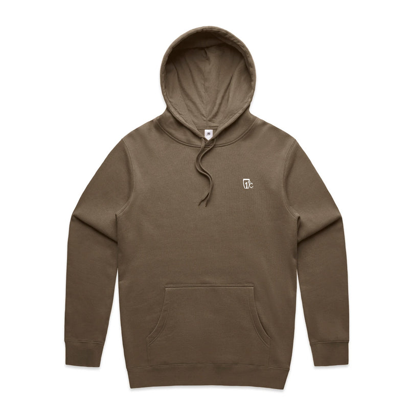 The Embroidered One Degree Hoodie - Walnut by Icelantic is a brown unisex hoodie with a front pocket and drawstrings, featuring a small white embroidered Icelantic logo on the left chest. This hoodie is displayed laid flat on a white background.