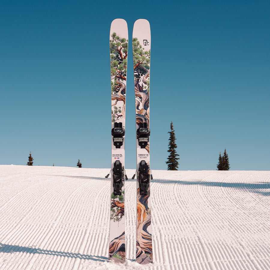 Two Icelantic Skis Torrent 96 all-mountain skis featuring artistic tree graphics stand upright on a freshly groomed, snow-covered slope beneath a clear blue sky, with several pine trees visible in the background.