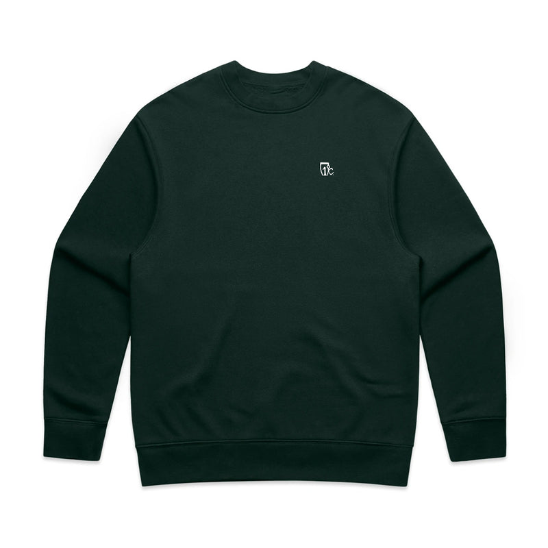 A plain pine green Icelantic Embroidered One Degree crew sweatshirt with long sleeves and a small white embroidered logo on the left chest, displayed on a white background.