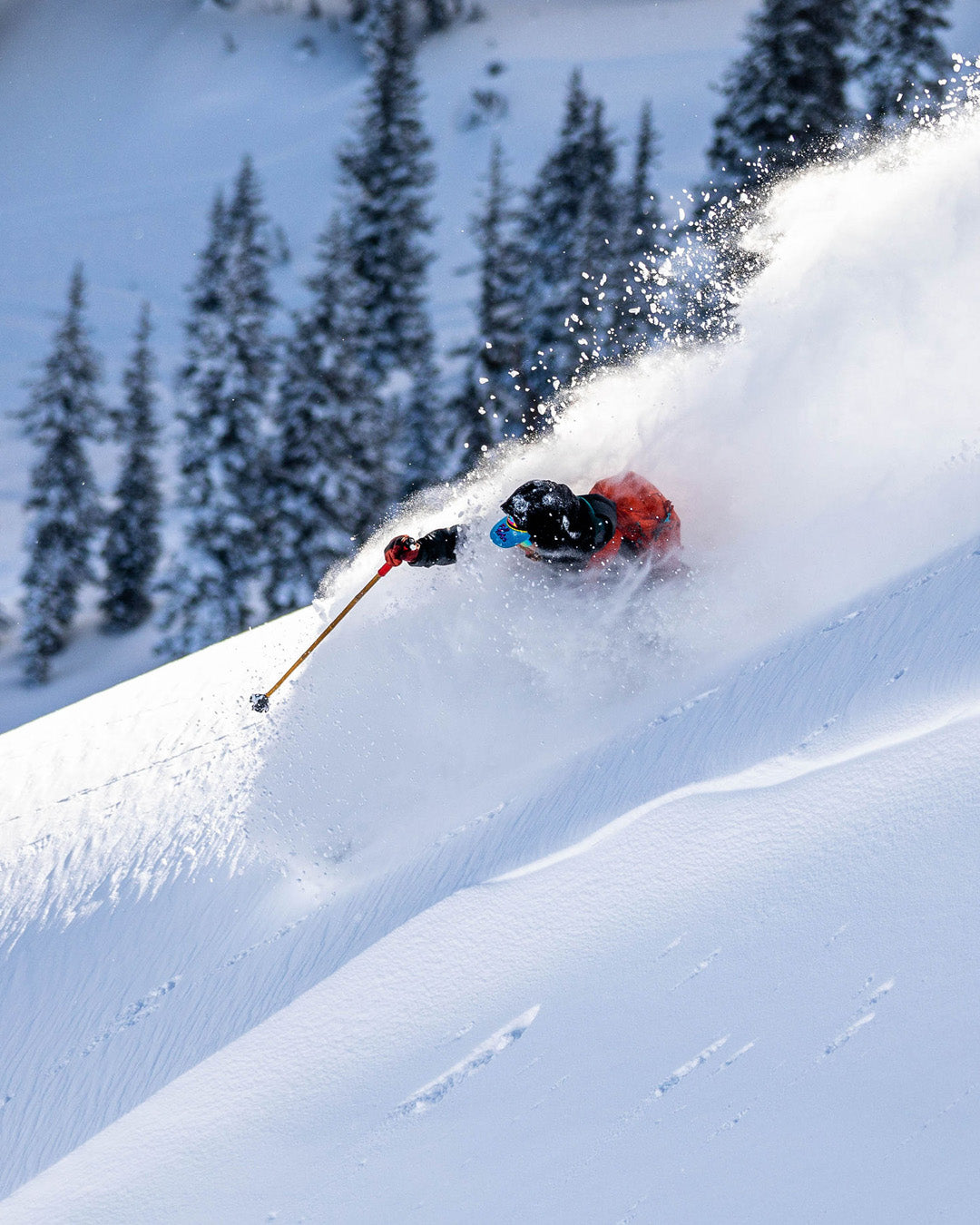 A skier in a red jacket carves through fresh, powdery snow on a steep slope, creating a spray of snow with pine trees visible in the snowy background.