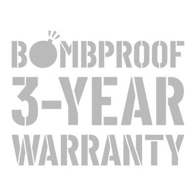 Stencil-style text reads BOMBPROOF 3-YEAR WARRANTY. The O in BOMBPROOF is illustrated as a bomb with a lit fuse. The text is light gray on a white background.