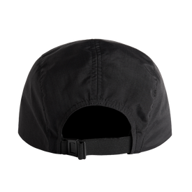 A rear view of the Icelantic Skis Camp Cap in black, showcasing its adjustable strap with a plastic buckle. This lightweight, breathable cap is displayed against a plain white background.