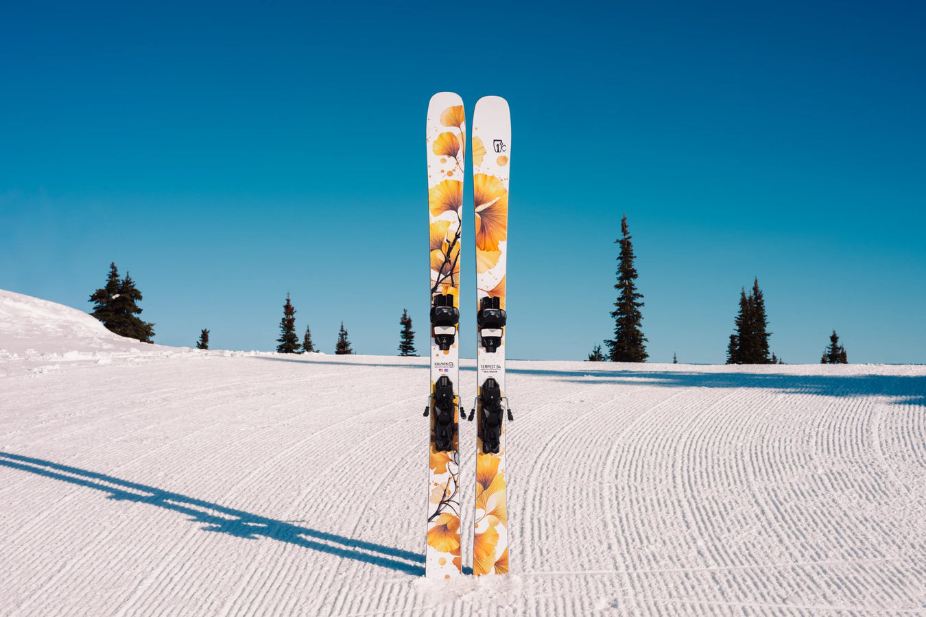 A pair of Icelantic Skis Tempest 94, featuring a yellow floral design, stands upright on freshly groomed snow with a clear blue sky and a few evergreen trees in the background.