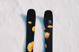 Two black Icelantic Skis Tempest 88 skis, adorned with yellow flower petals, are seen from above gliding over smooth, white snow.