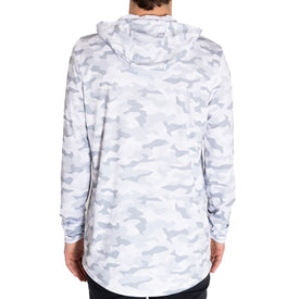 A person shown from the back against a white background is wearing the Icelantic UV Sun Hoodie in Snow Camo, a light gray and white camouflage-pattern sun protective hoodie with UPF 50.