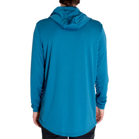 A person is shown from the back against a white background, wearing the Icelantic UV Sun Hoodie in Celestial Teal. This long-sleeve UPF 50 hoodie provides reliable sun protection while ensuring comfort.