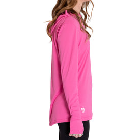 A woman is shown from the side against a white background, wearing the Icelantic Womens UV Sun Hoodie in Hot Pink and black leggings. Her wavy hair is loose, and only her upper body is visible. The hoodie provides UPF 50 protection and is made from quick-dry fabric.