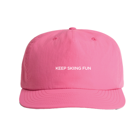 Introducing the Keep Skiing Fun Hat - Flamingo by Icelantic: a vibrant pink unstructured snapback featuring "KEEP SKIING FUN" in bold white, all-caps text across the front. Crafted from recycled nylon for an eco-friendly edge, this hat includes quick-dry fabric to ensure comfort on every adventure.
