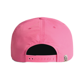 The Icelantic Keep Skiing Fun Hat - Flamingo is an unstructured snapback baseball cap in vibrant pink, shown here from the back with an adjustable plastic snap closure and a small silver tag on the side. Made from quick-dry fabric, it combines style and comfort for everyday wear.