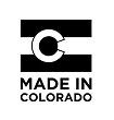 Black and white logo with a stylized C over horizontal bars, resembling the Colorado state flag, above the text MADE IN COLORADO..