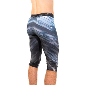 A person is shown from the back against a white background, wearing the Icelantic 23/24 Men's WikMax Baselayer 3/4 Bottom in a geometric black and blue pattern, made from innovative WIKMAX fabric.