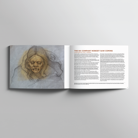 An open book titled *One Degree Celsius: 20 Years of Icelantic* by Icelantic Skis displays a pencil drawing of an eerie, old woman on the left page and, on the right page, an article called "The Ski Company Nobody Saw Coming," which features text about the art-driven ski brand Icelantic Skis.